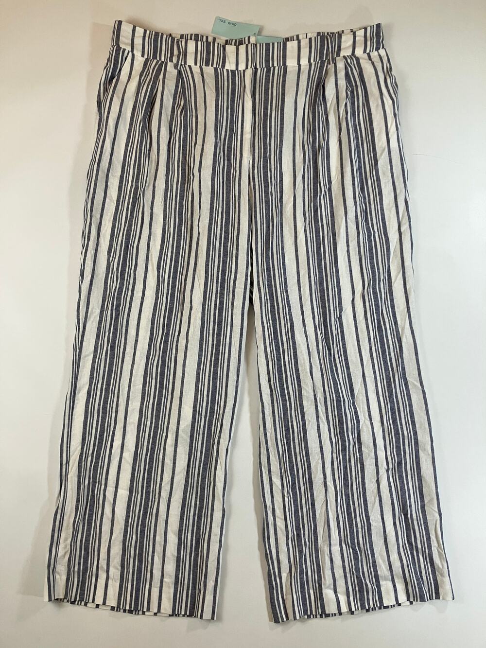 Blue Sol Women 2X Navy White Stripe Linen Blend Wide Leg Pants NWT Coastal